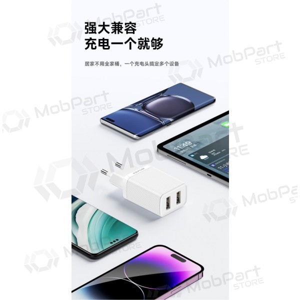 Lādētājs Awei C15T-EU 2xUSB-A 10W + USB to USB-C cable balts