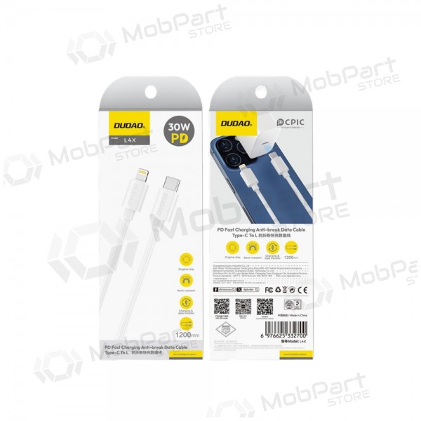 Lightning vads Dudao L4X USB-C uz Lightning 1.2 m 30 W balts