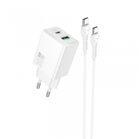 Tālruņa lādētājs Hoco N71 30 W GaN USB-C + USB-A ar USB-C kabeli 1 m balts