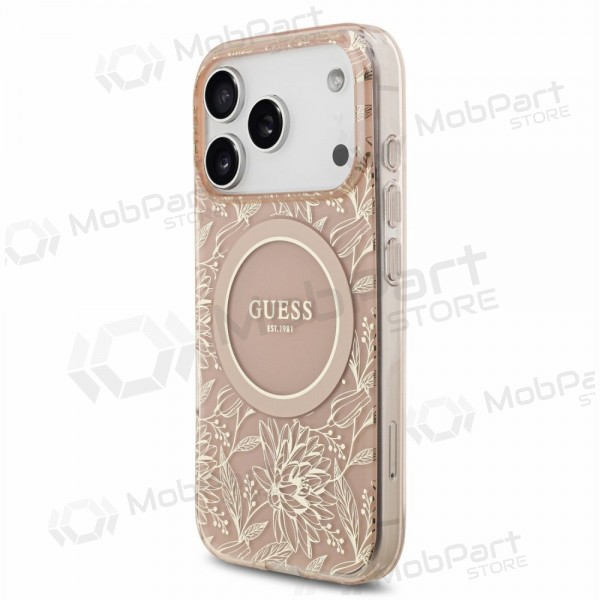 Apple iPhone 18 Pro maciņš - Guess IML Flowers Allover Strap MagSafe (rozā)