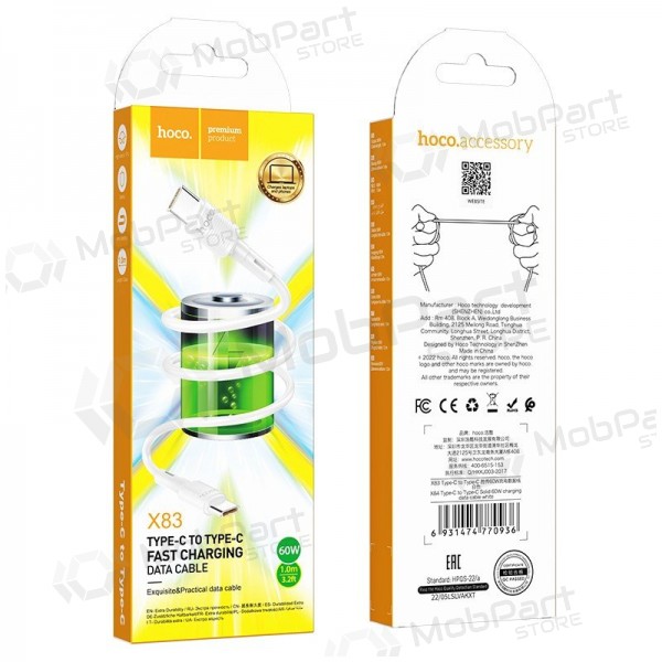 USB kabelis Hoco X83 60W Type-C to Type-C 1.0m balts
