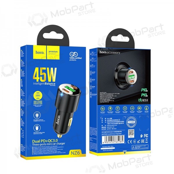 Automašīnas tālruņa lādētājs Hoco NZ6 45 W PD 2x USB-C + USB-A melns
