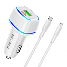 Lādētājs automobilinis Borofone BZ14A PD20W+QC3.0 x 2 USB (Type-C to Lightning) (balts)