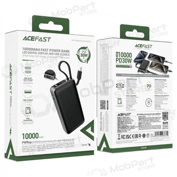 Ārējā baterija Power Bank Acefast M7-10000 PD30W With Cable 10000mAh melna