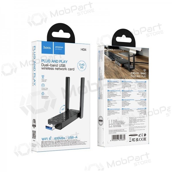 USB Wi-Fi adapteris Hoco HI34 USB 3.0 Wi-Fi 6 melns