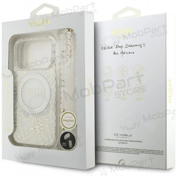 Apple iPhone 18 Pro Max maciņš - Guess IML Flowers Allover Strap MagSafe (balts)