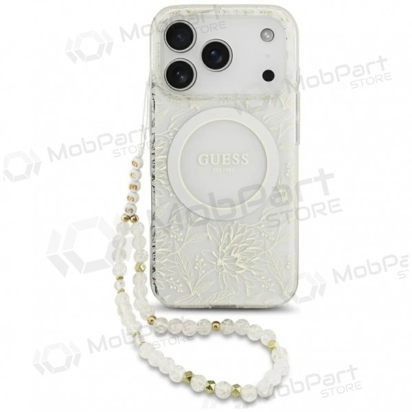 Apple iPhone 18 Pro maciņš - Guess IML Flowers Allover Strap MagSafe (balts)