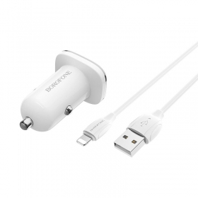 Lādētājs automobilinis Borofone BZ12 USB + Lightning (2.4A) (balts)