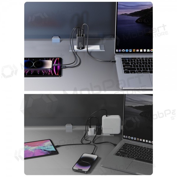 Lādētājs buitinis Joyroom GaN JR-TCG01 2xUSB-C/USB-A 65W + USB-C cable 1.2m melns