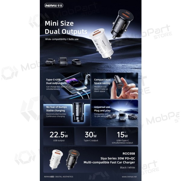 Auto lādētājs Remax RCC358 30W USB-C/USB-A melns