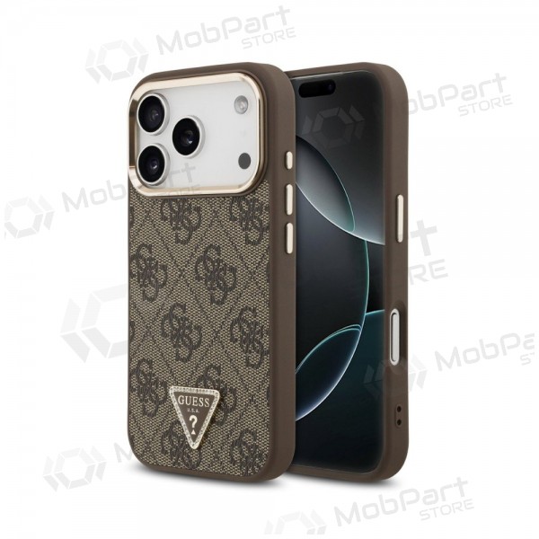 Apple iPhone 18 Pro maciņš - Guess PU Leather 4G Strass Triangle Logo Gold Frame MagSafe (brūns)
