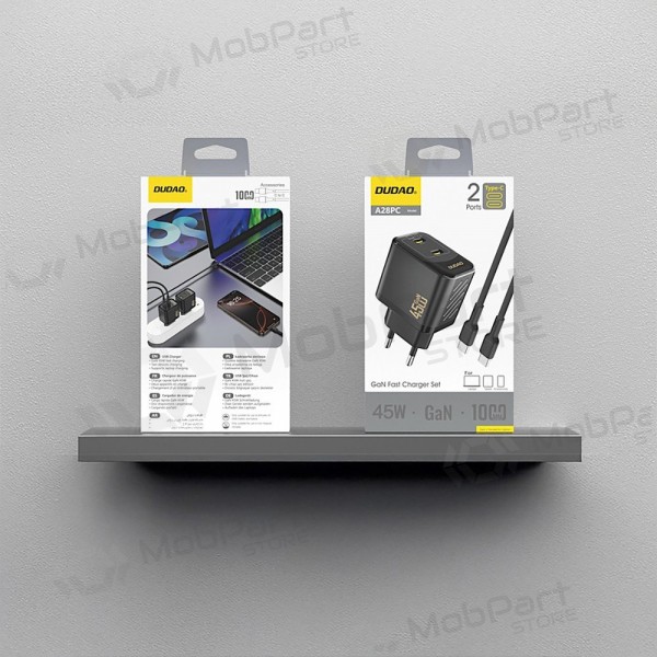 Tālruņa lādētājs Dudao A28PC 45 W GaN 2x USB-C ar USB-C kabeli 1 m melns