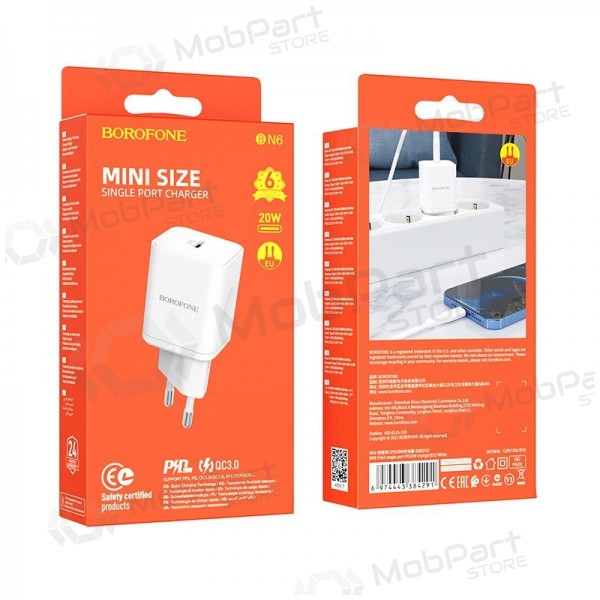 Lādētājs buitinis Borofone BN6 Type-C PD+QC3.0 20W, balts