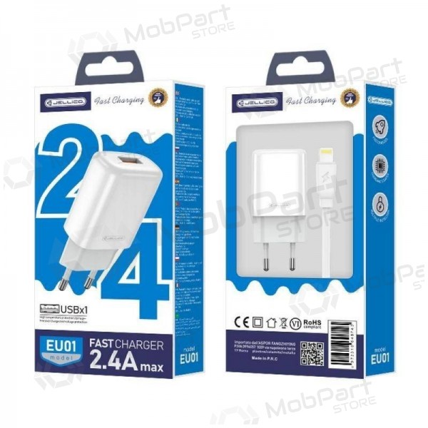 Lādētājs buitinis Jellico EU01 2.4A USB + Lightning balts