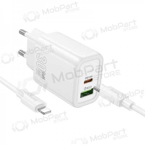 Tālruņa lādētājs Hoco N63 30 W GaN USB-C + USB-A ar Lightning kabeli 1 m balts