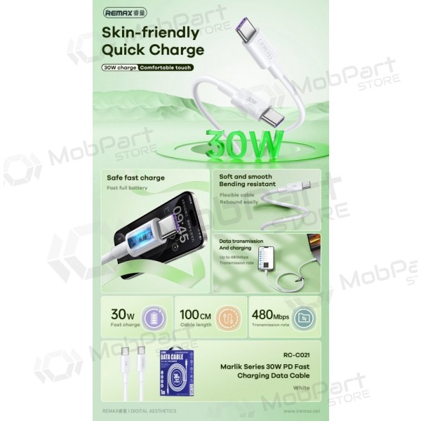 USB kabelis Remax RC-C021 USB-C to USB-C 30W 2.0m balts
