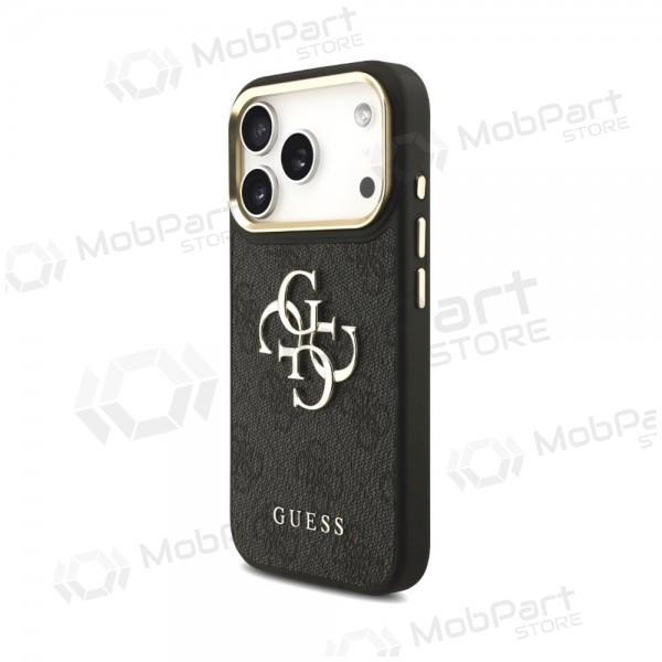 Apple iPhone 18 Pro maciņš - Guess PU Leather 4G Metal Logo Gold Frame (melns)