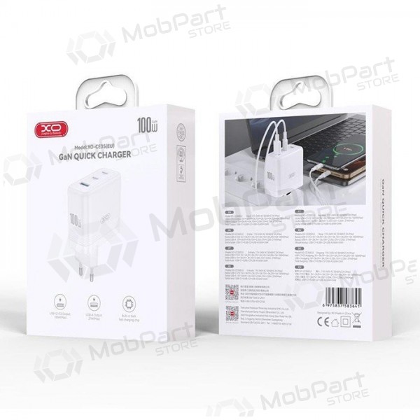 Tālruņa lādētājs XO CE35 100 W 2x USB-C + USB-A balts
