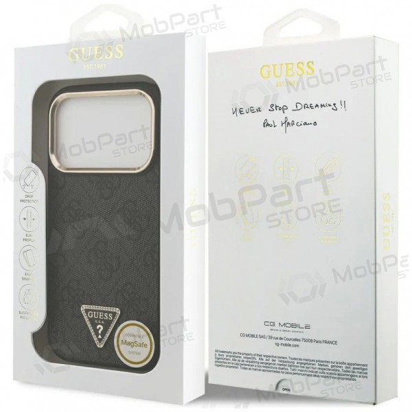 Apple iPhone 17 Pro Max maciņš - Guess PU Leather 4G Strass Triangle Logo Gold Frame MagSafe (melns)