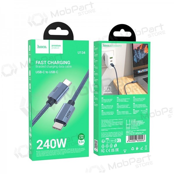USB-C kabelis Hoco U134 USB-C uz USB-C 1.8 m 240 W melns
