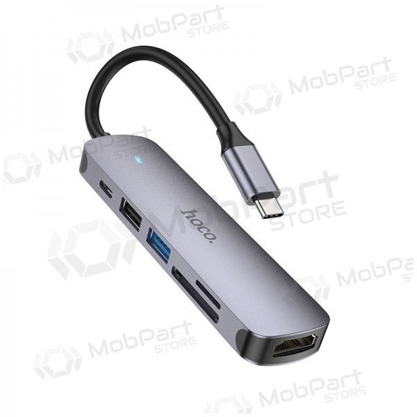 USB-C adapteris Hoco HB28 USB-C uz HDMI + USB 3.0 + USB 2.0 + SD + TF + PD pelēks