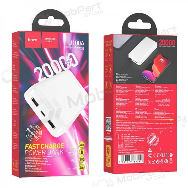 Ārējā baterija Power Bank Hoco J100A 2xUSB-A 20000mAh balta