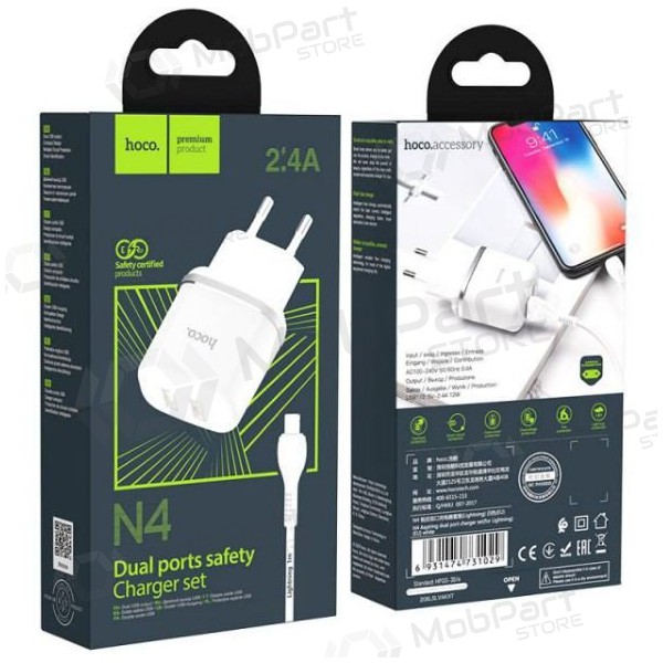 Lādētājs HOCO N4 Aspiring Dual USB + type-C kabelis (5V 2.4A) (balts)