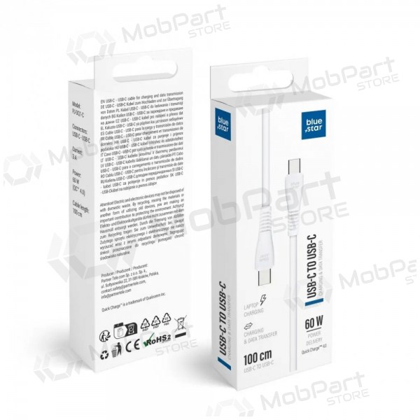 USB-C kabelis Blue Star PJ-DQ1-C USB-C uz USB-C 1 m 60 W balts