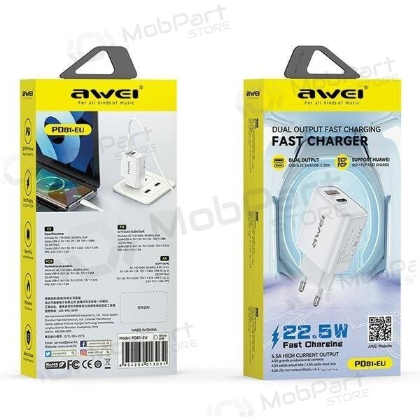 Lādētājs Awei PD81-EU USB-A/USB-C balts