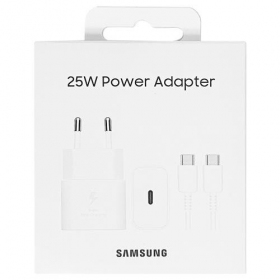 Lādētājs oriģināls Samsung EP-T2510XWEGEU 25W + USB-C kabelis iepakojumā balts