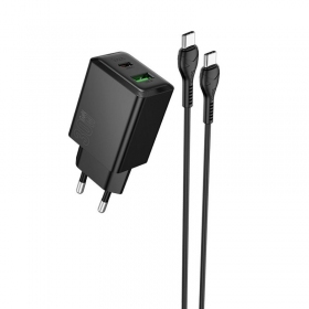 Tālruņa lādētājs Hoco N71 30 W GaN USB-C + USB-A ar USB-C kabeli 1 m melns