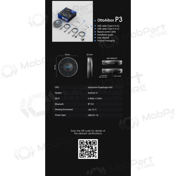 Bezvadu CarPlay / Android Auto adapteris Ottocast OttoAiBox P3 PCS46 melns