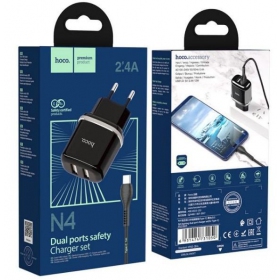 Lādētājs HOCO N4 Aspiring Dual USB + type-C kabelis (5V 2.4A) (melns)