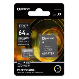 Atmiņas karte Platinet MicroSD 64GB (class10 UHS-III 90MB/S) + SD Adapteris