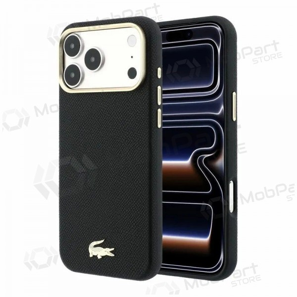 Apple iPhone 18 Pro maciņš - Lacoste PU Leather Champs Elysees Gold Logo MagSafe (melns)