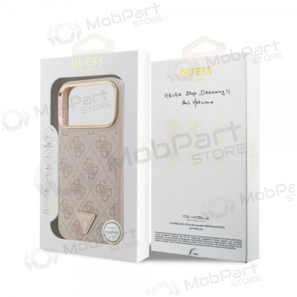 Apple iPhone 18 Pro maciņš - Guess PU Leather 4G Strass Triangle Logo Gold Frame MagSafe (rozā)