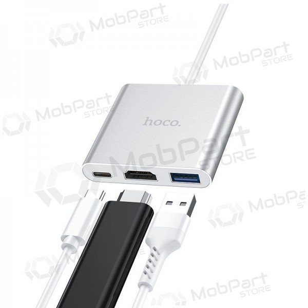 Adapteris Hoco HB14 Type-C to USB-A+HDMI+Type-C sudraba