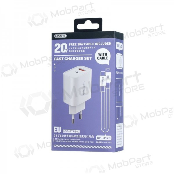 Tālruņa lādētājs Remax RP-U120 20 W USB-C + USB-A ar Lightning vadu 1 m balts