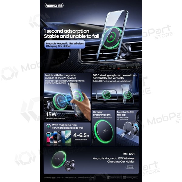Automobilinis laikiklis-lādētājs Remax RM-C01 MagSafe 15W melns