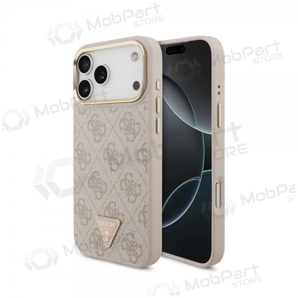 Apple iPhone 18 Pro Max maciņš - Guess PU Leather 4G Strass Triangle Logo Gold Frame MagSafe (rozā)