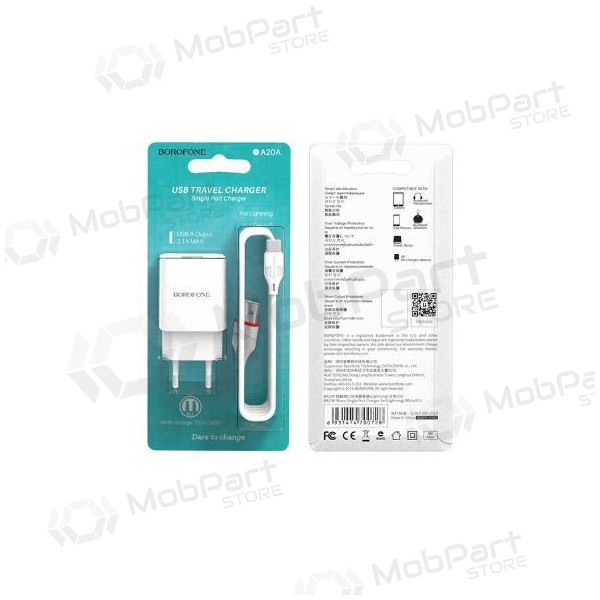 Lādētājs BOROFONE BA20A Sharp USB + Type-C kabelis (5V 2.1A) (balts)