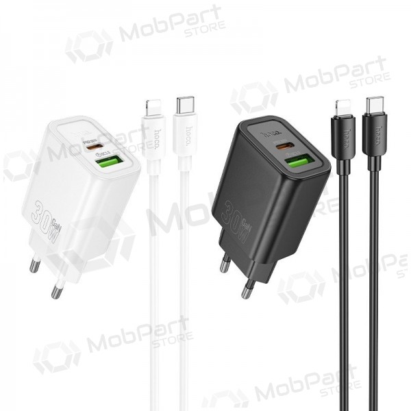 Tālruņa lādētājs Hoco N63 30 W GaN USB-C + USB-A ar Lightning kabeli 1 m balts