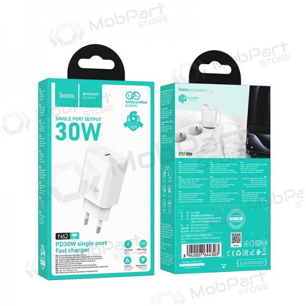 Tālruņa lādētājs Hoco N62 30 W GaN USB-C balts