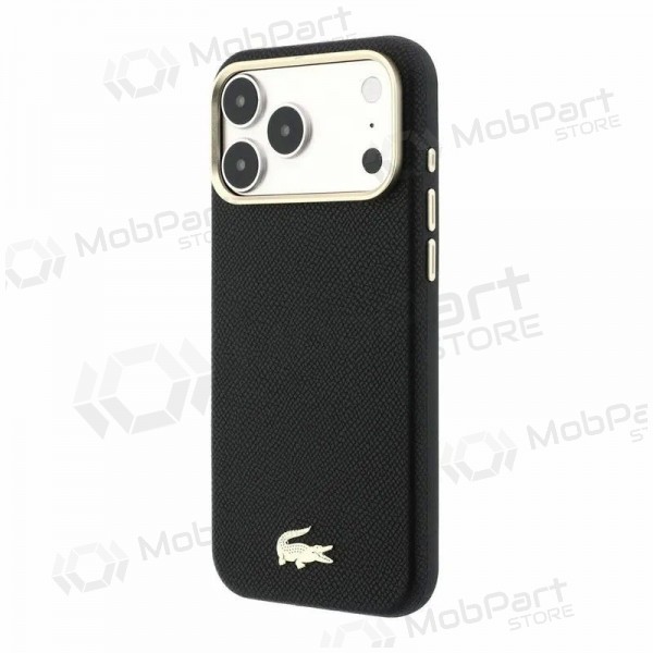 Apple iPhone 18 Pro Max maciņš - Lacoste PU Leather Champs Elysees Gold Logo MagSafe (melns)