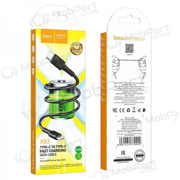 USB kabelis Hoco X83 60W Type-C to Type-C 1.0m melns