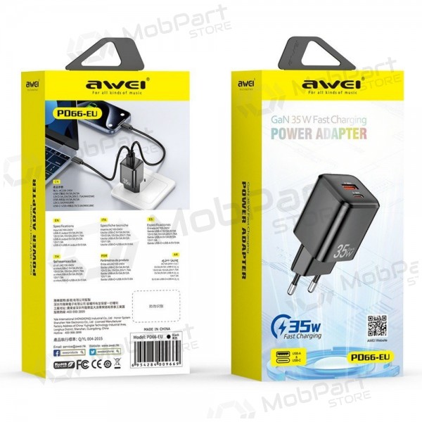 Lādētājs Awei PD66-EU GaN 35W USB-A/USB-C balts