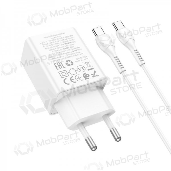 Tālruņa lādētājs Hoco N71 30 W GaN USB-C + USB-A ar USB-C kabeli 1 m balts