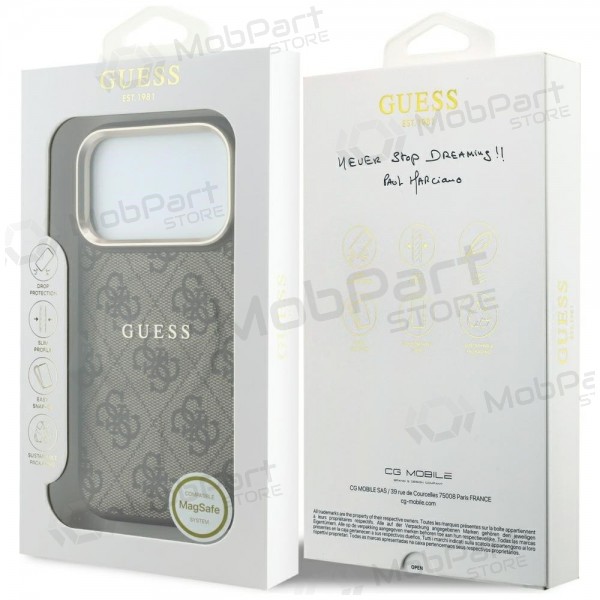 Apple iPhone 18 Pro Max maciņš - Guess PU Leather 4G Gold Frame Embossed MagSafe (brūns)