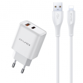 Tālruņa lādētājs Awei PD81L-EU 22.5 W USB-C + USB-A ar Lightning kabeli 1 m balts