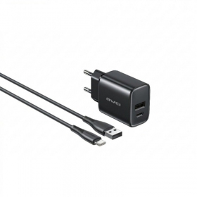 Tālruņa lādētājs Awei PD85T-EU 22.5 W USB-C + USB-A ar USB-C vadu 1 m melns
